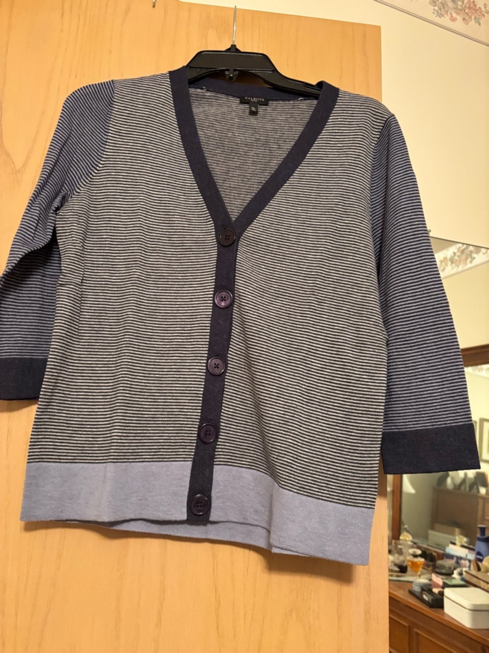 Talbots Navy and Light Blue Striped V‑Neck Button Cardigan
